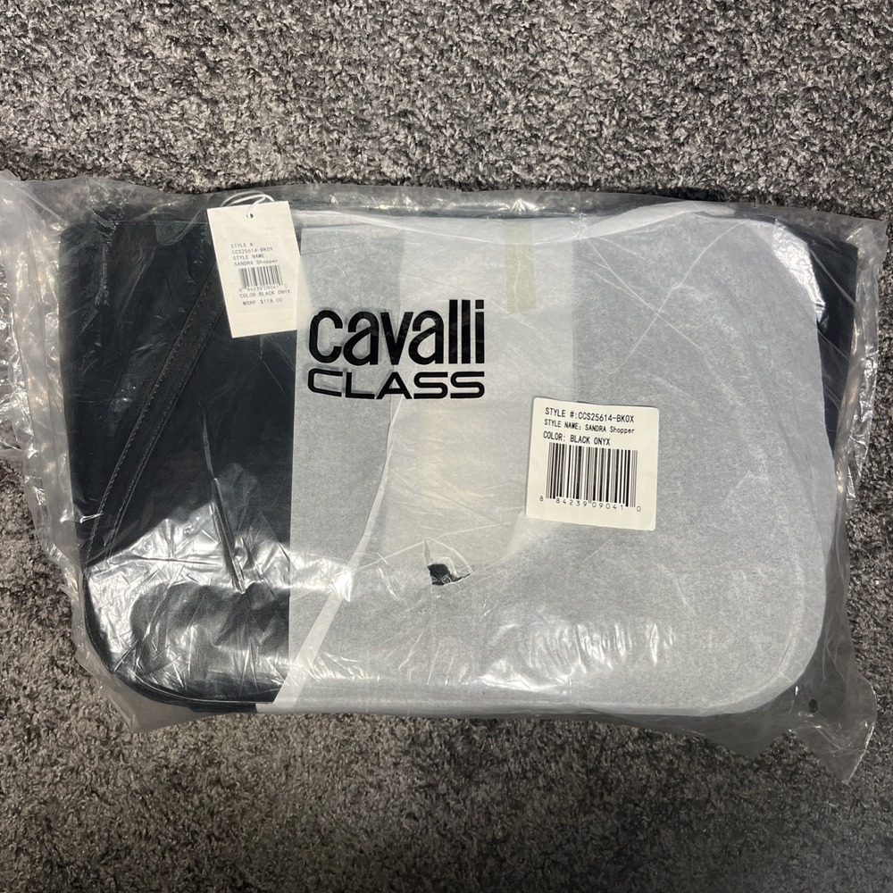 Cavalli Class Large Sandra Shopper Tote Bag Gold‎ Logo Black Vegan Leather $118.